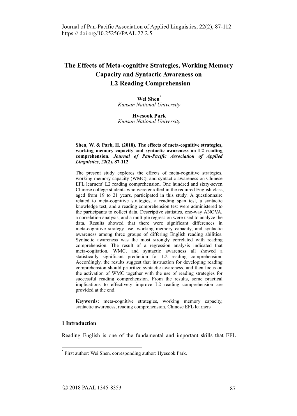 The Effects of Meta-Cognitive Strategies, Working Memory Capacity and Syntactic Awareness on L2 Reading Comprehension