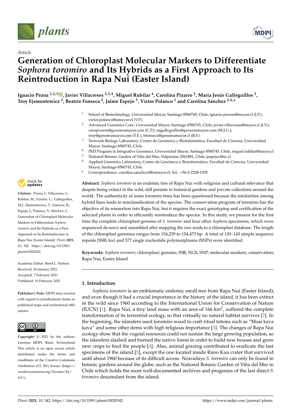 Generation of Chloroplast Molecular Markers to Differentiate Sophora Toromiro and Its Hybrids As a First Approach to Its Reintroduction in Rapa Nui (Easter Island)