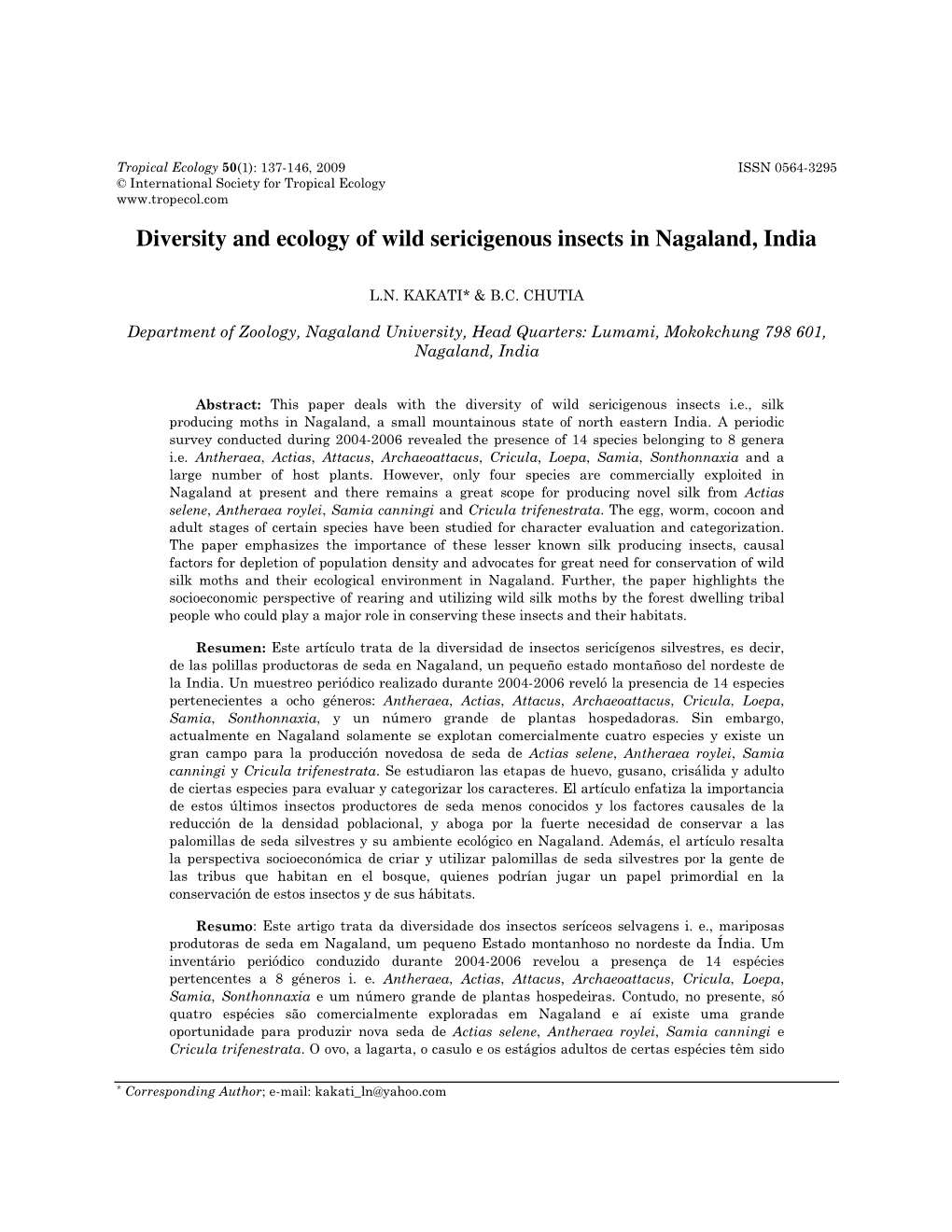 Diversity and Ecology of Wild Sericigenous Insects in Nagaland, India