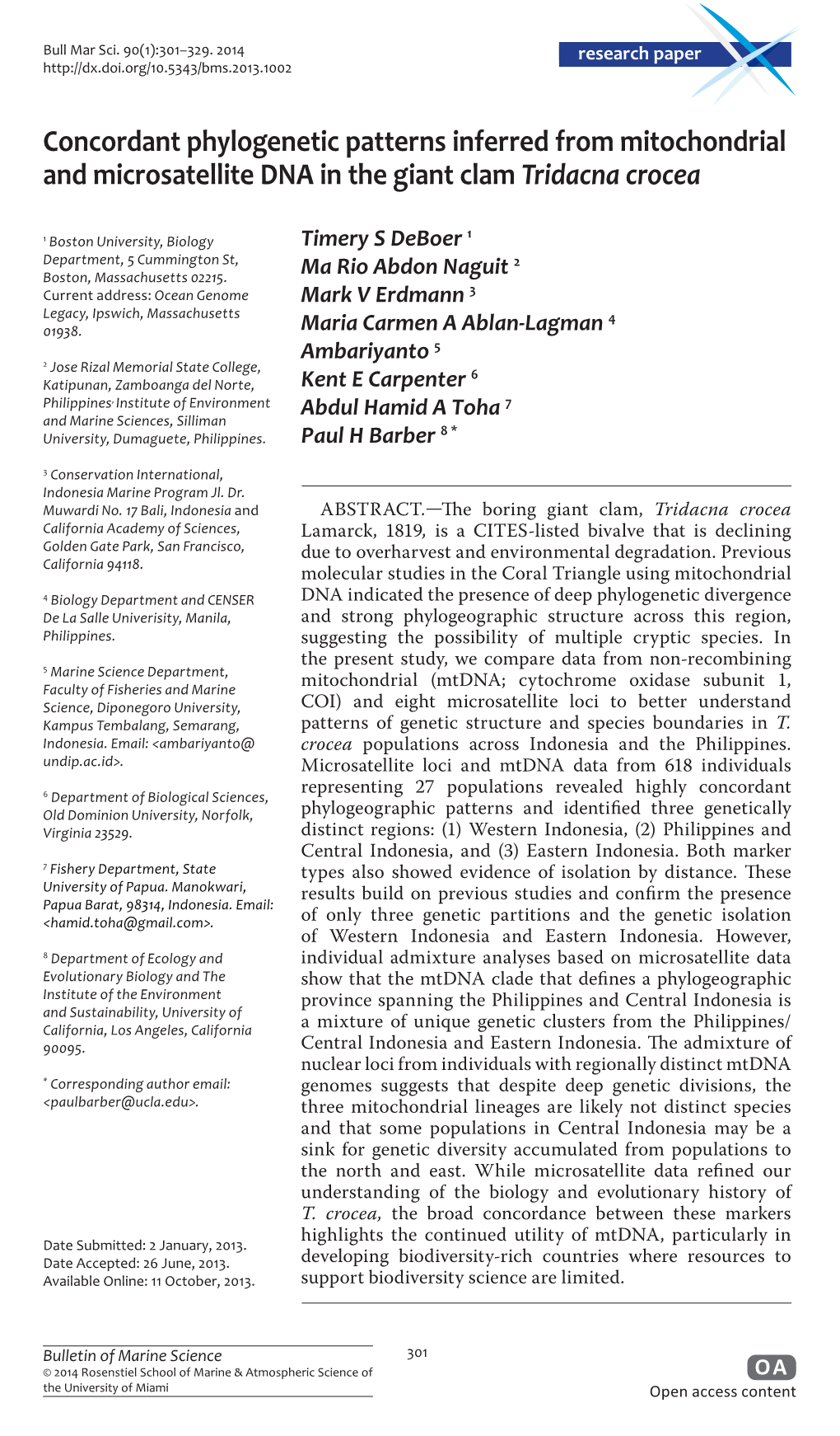 Concordant Phylogenetic Patterns Inferred from Mitochondrial and Microsatellite DNA in the Giant Clam Tridacna Crocea