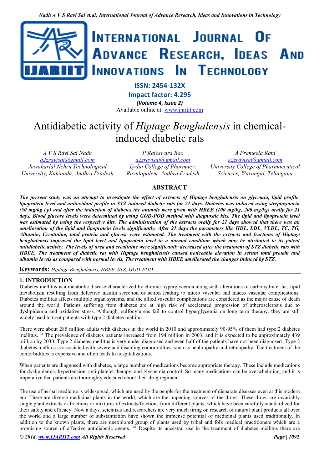 Antidiabetic Activity of Hiptage Benghalensis in Chemical-Induced