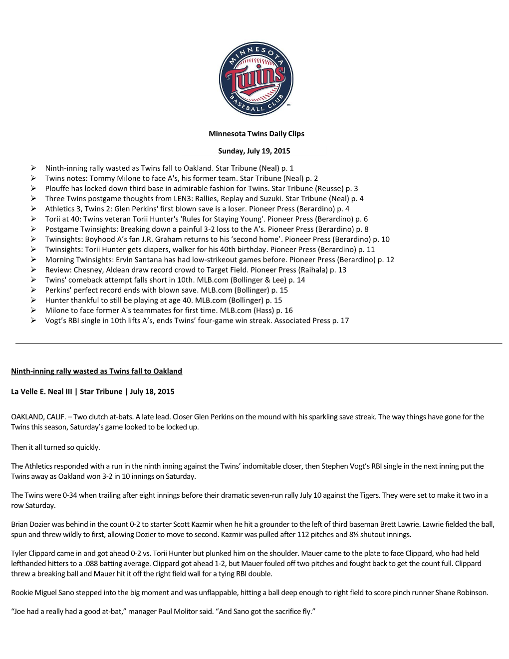 Minnesota Twins Daily Clips Sunday