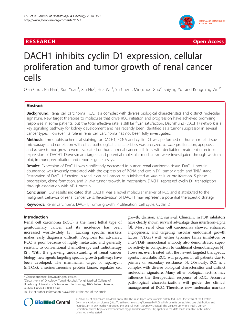 DACH1 Inhibits Cyclin D1 Expression, Cellular Proliferation and Tumor