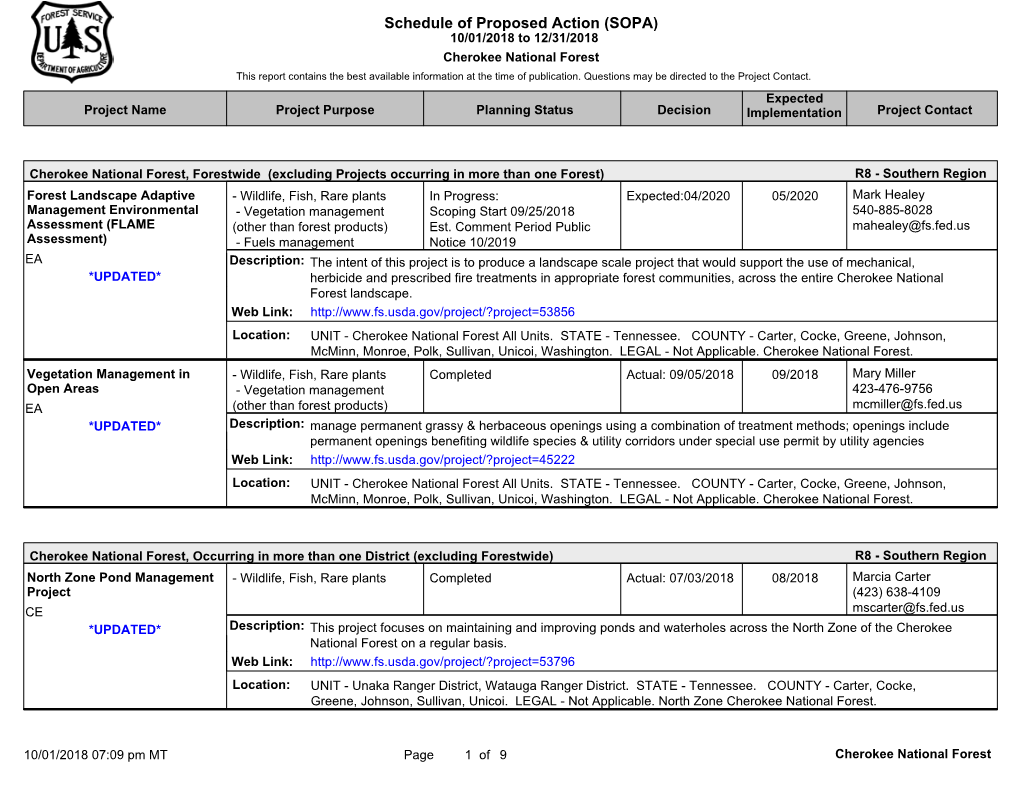 Schedule of Proposed Action (SOPA) 10/01/2018 to 12/31/2018 Cherokee National Forest This Report Contains the Best Available Information at the Time of Publication