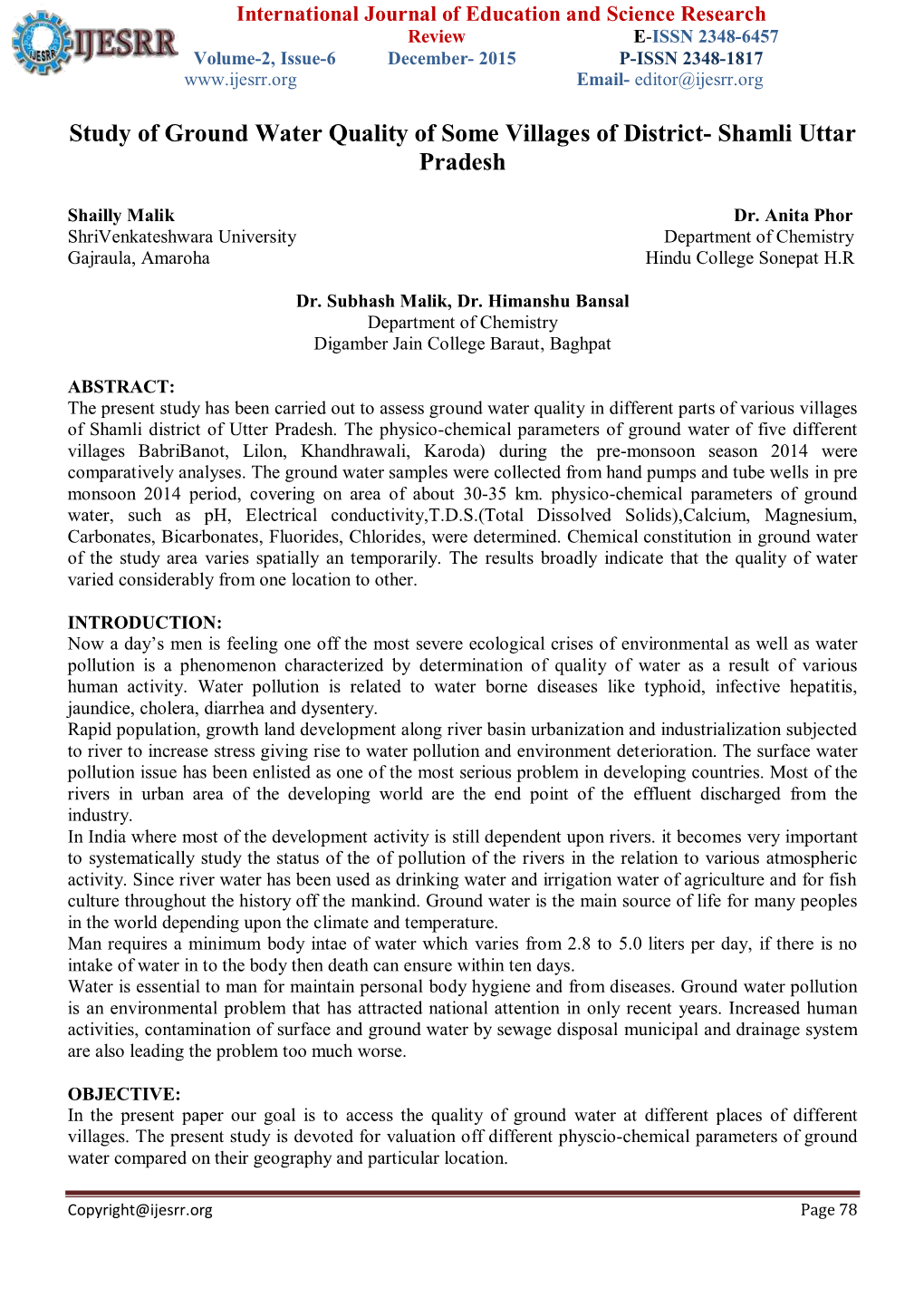 Study of Ground Water Quality of Some Villages of District- Shamli Uttar Pradesh