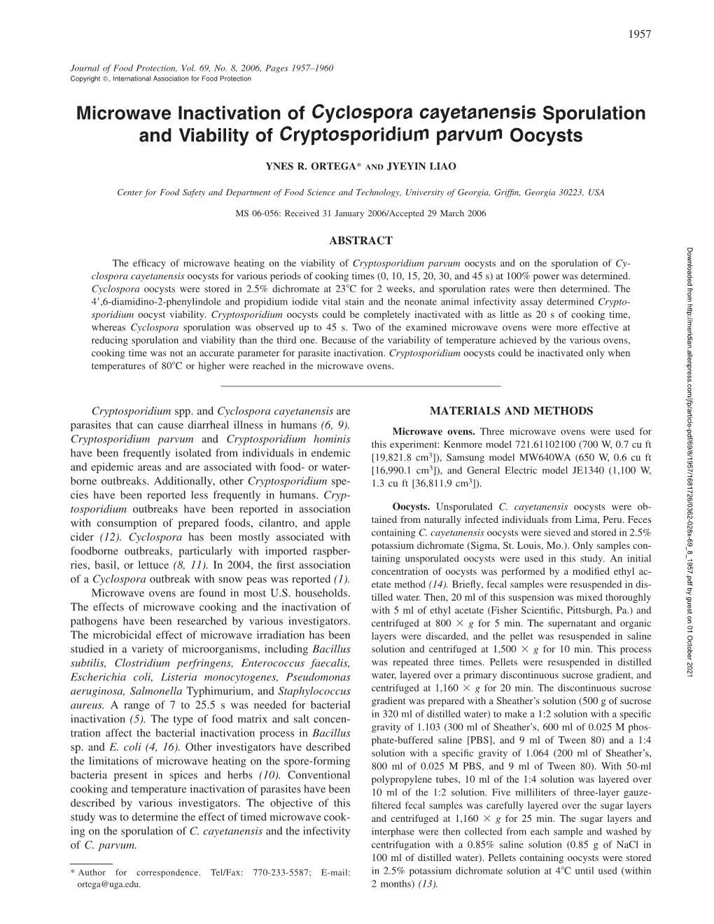 <I>Cyclospora Cayetanensis</I> Sporulation and Viability Of