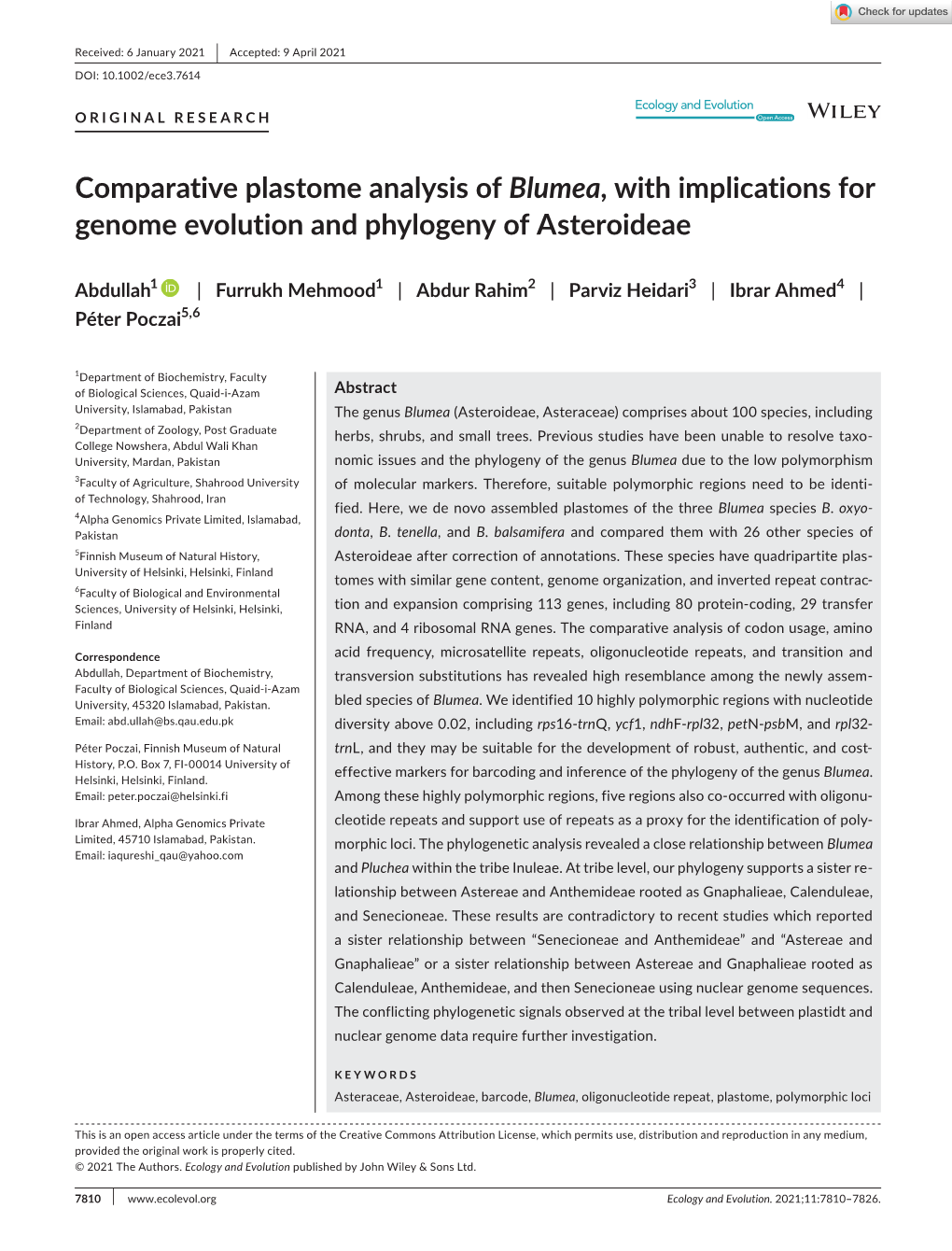 Comparative Plastome Analysis of Blumea, with Implications for Genome Evolution and Phylogeny of Asteroideae