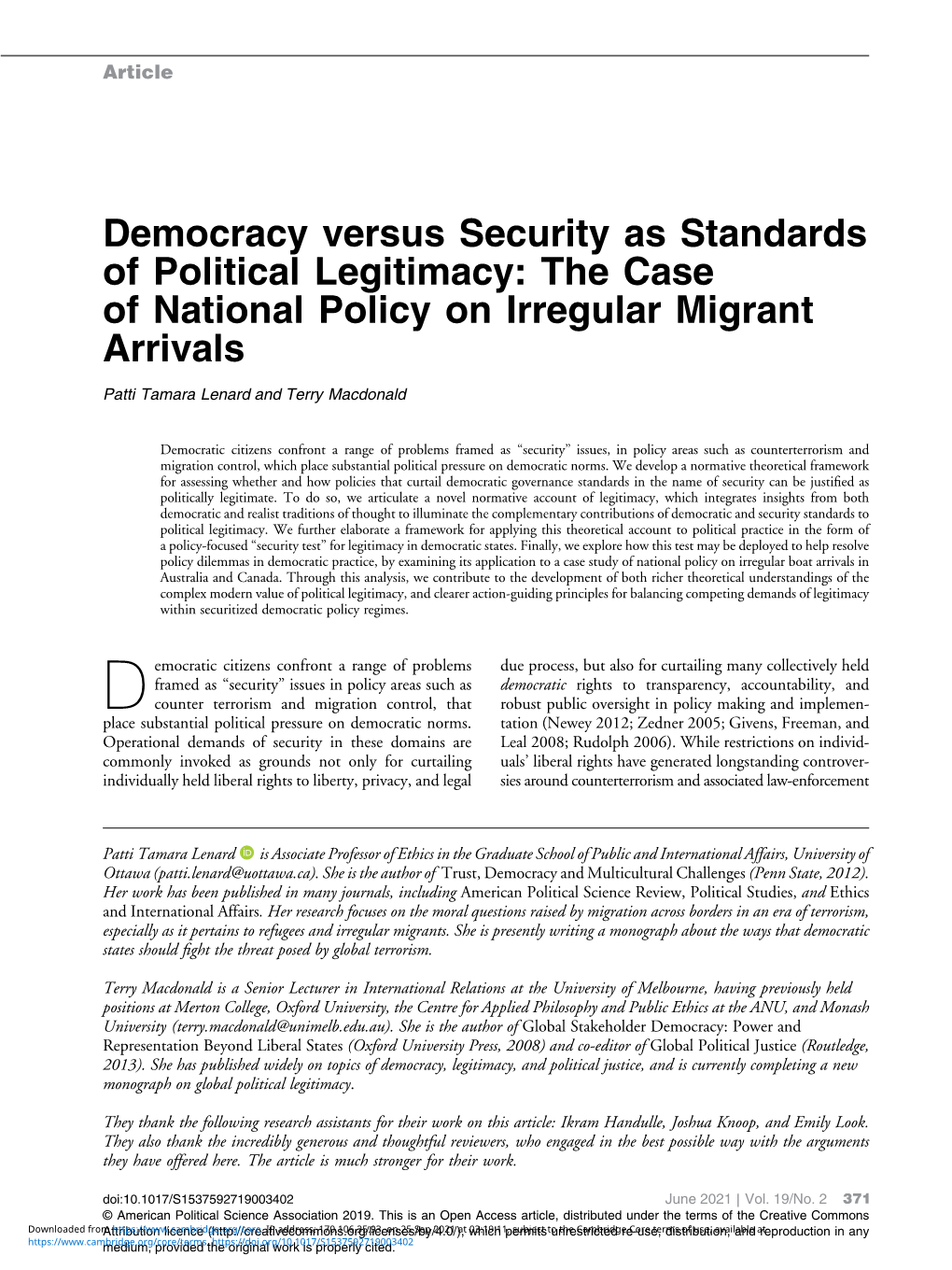 Democracy Versus Security As Standards of Political Legitimacy: the Case of National Policy on Irregular Migrant Arrivals