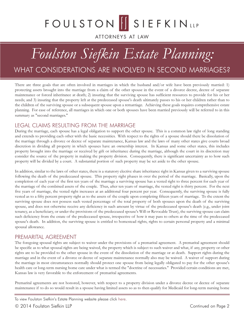 Foulston Siefkin Estate Planning: WHAT CONSIDERATIONS ARE INVOLVED in SECOND MARRIAGES?