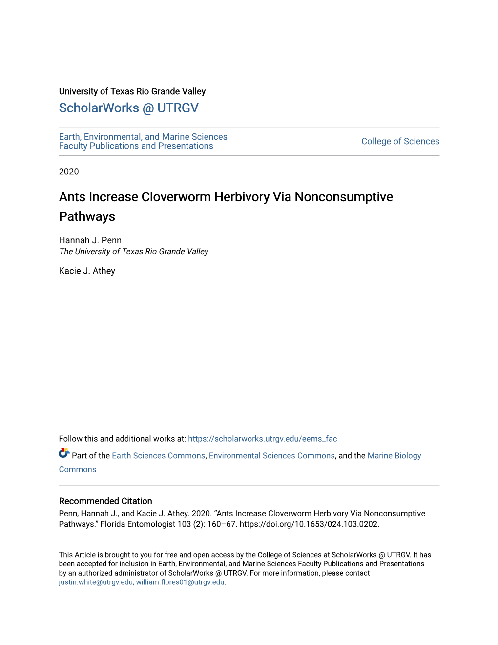 Ants Increase Cloverworm Herbivory Via Nonconsumptive Pathways