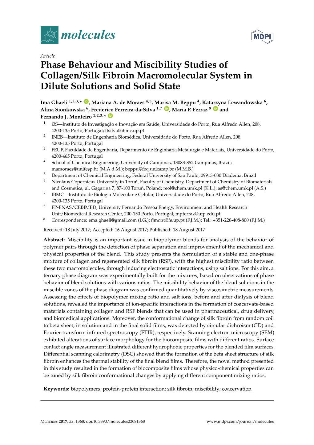 Phase Behaviour and Miscibility Studies of Collagen/Silk Fibroin Macromolecular System in Dilute Solutions and Solid State