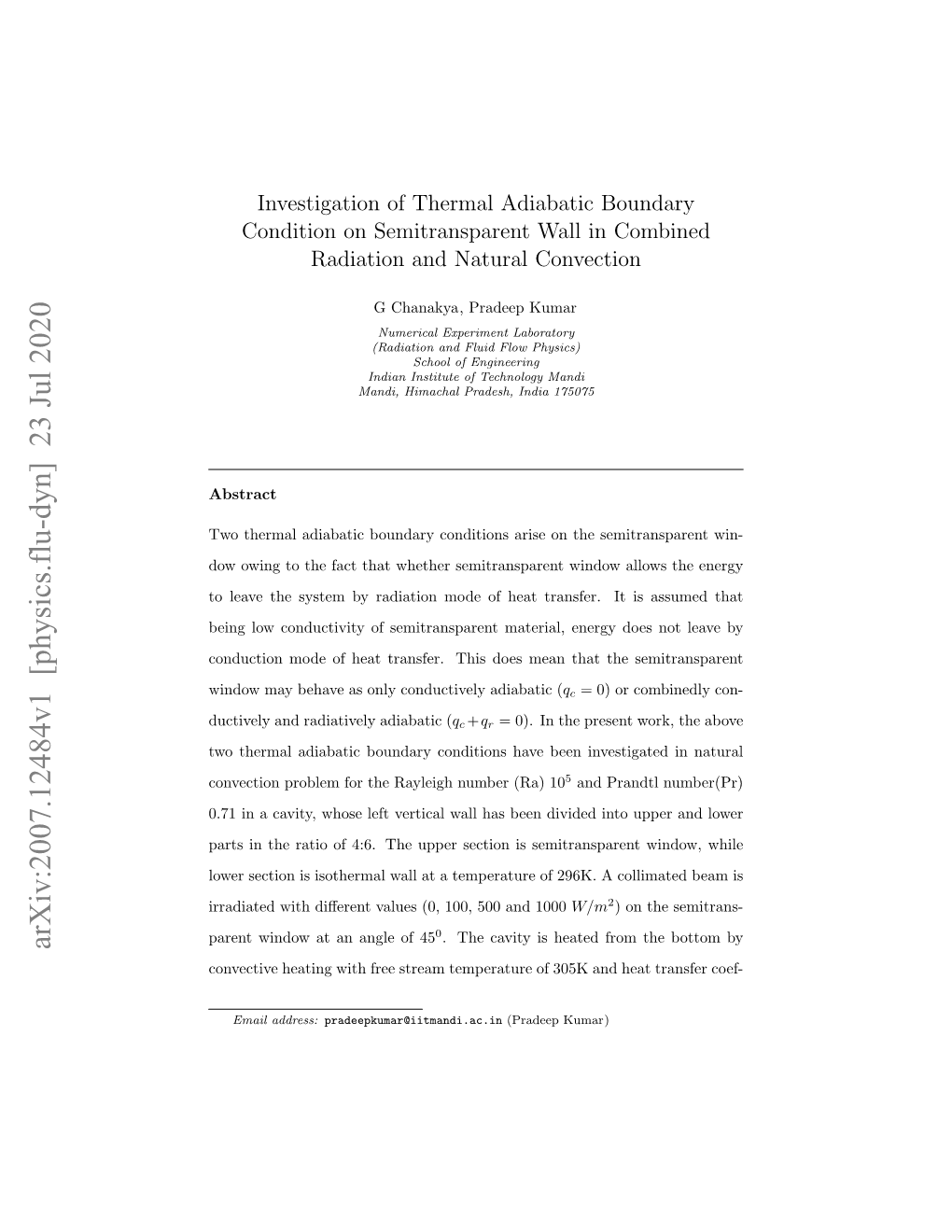 Investigation of Thermal Adiabatic Boundary Condition on Semitransparent Wall in Combined Radiation and Natural Convection