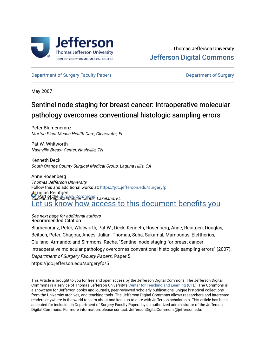 Sentinel Node Staging for Breast Cancer: Intraoperative Molecular Pathology Overcomes Conventional Histologic Sampling Errors
