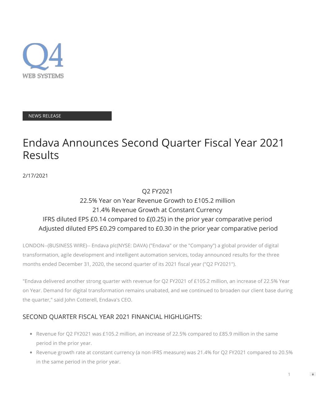 Endava Announces Second Quarter Fiscal Year 2021 Results