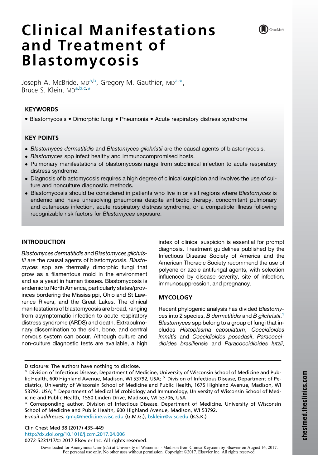 Clinical Manifestations and Treatment of Blastomycosis