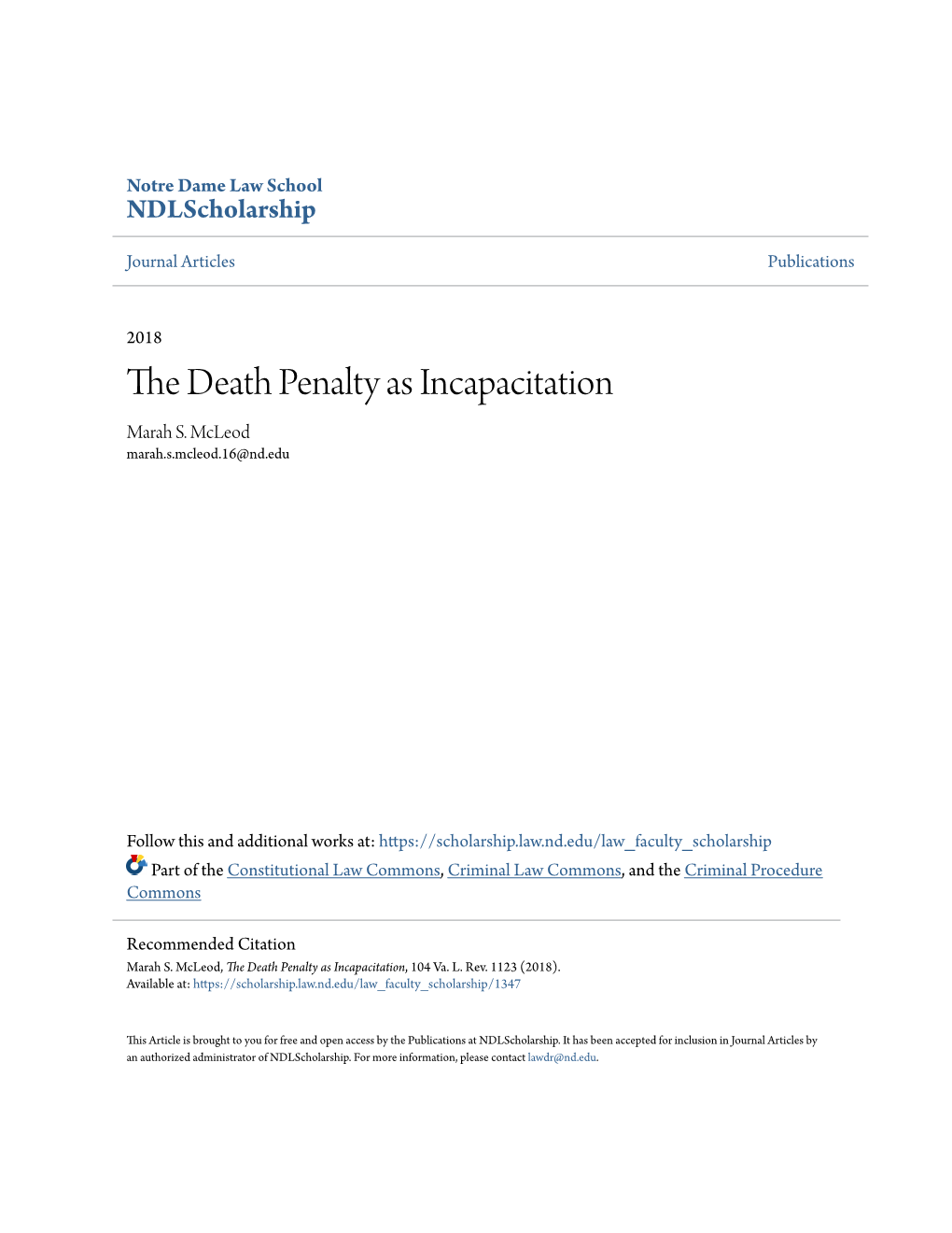 The Death Penalty As Incapacitation, 104 Va