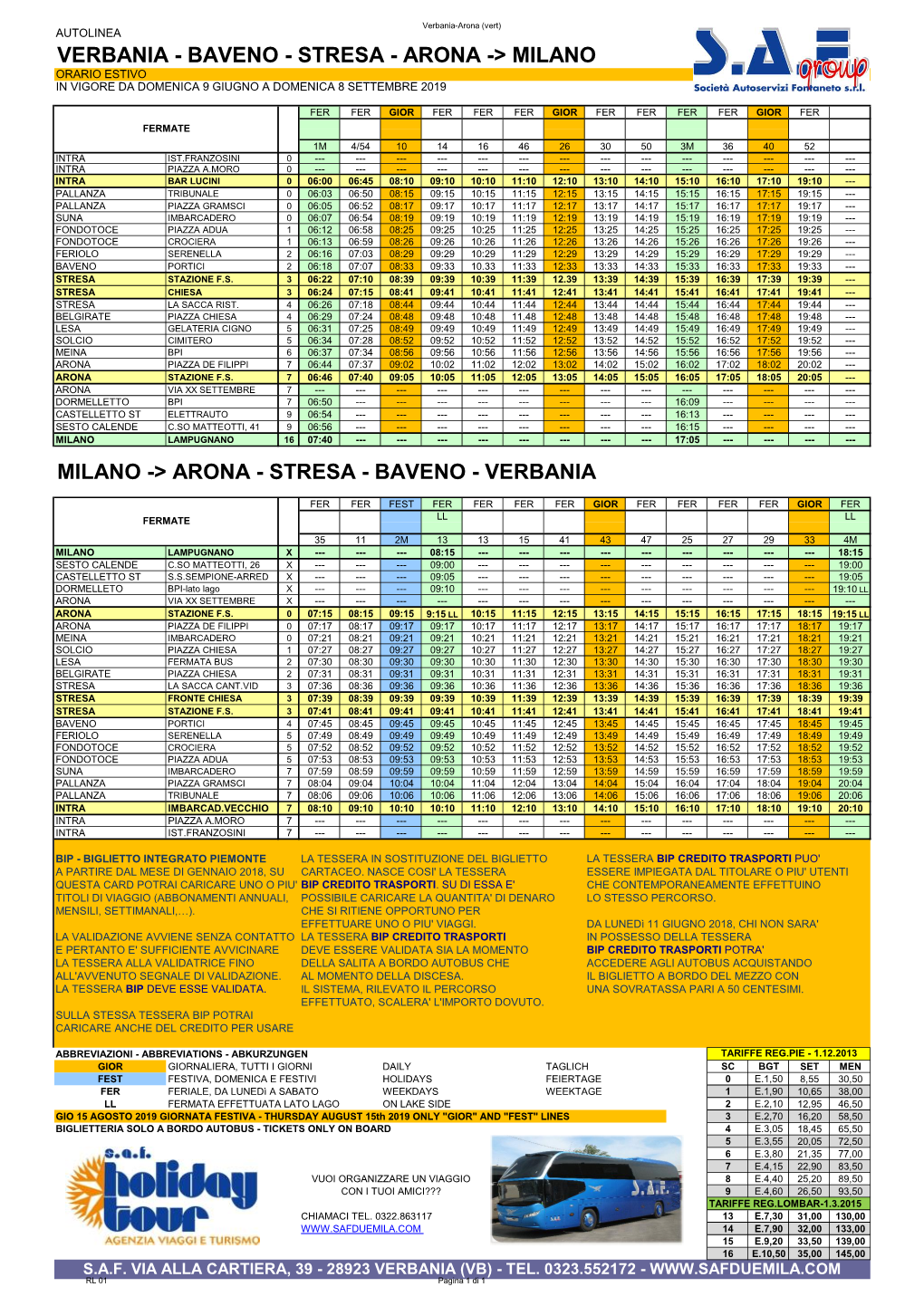 Verbania-Arona (Vert) AUTOLINEA VERBANIA - BAVENO - STRESA - ARONA -> MILANO ORARIO ESTIVO in VIGORE DA DOMENICA 9 GIUGNO a DOMENICA 8 SETTEMBRE 2019