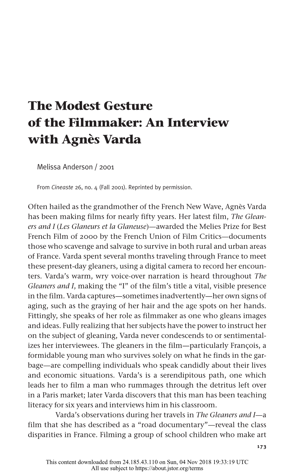 The Modest Gesture of the Filmmaker: an Interview with Agnès Varda