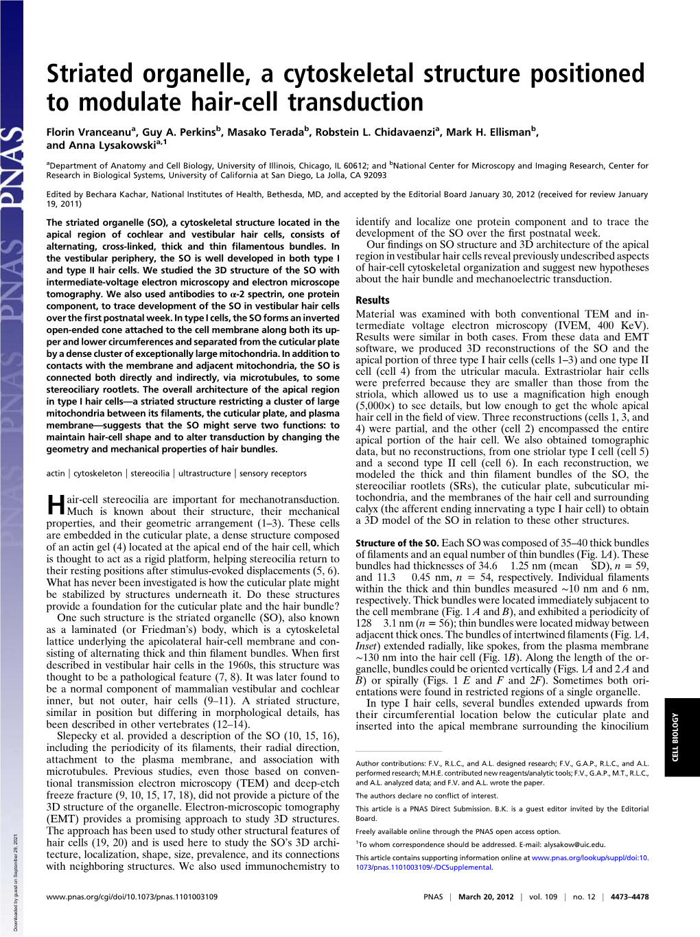 Striated Organelle, a Cytoskeletal Structure Positioned to Modulate Hair-Cell Transduction