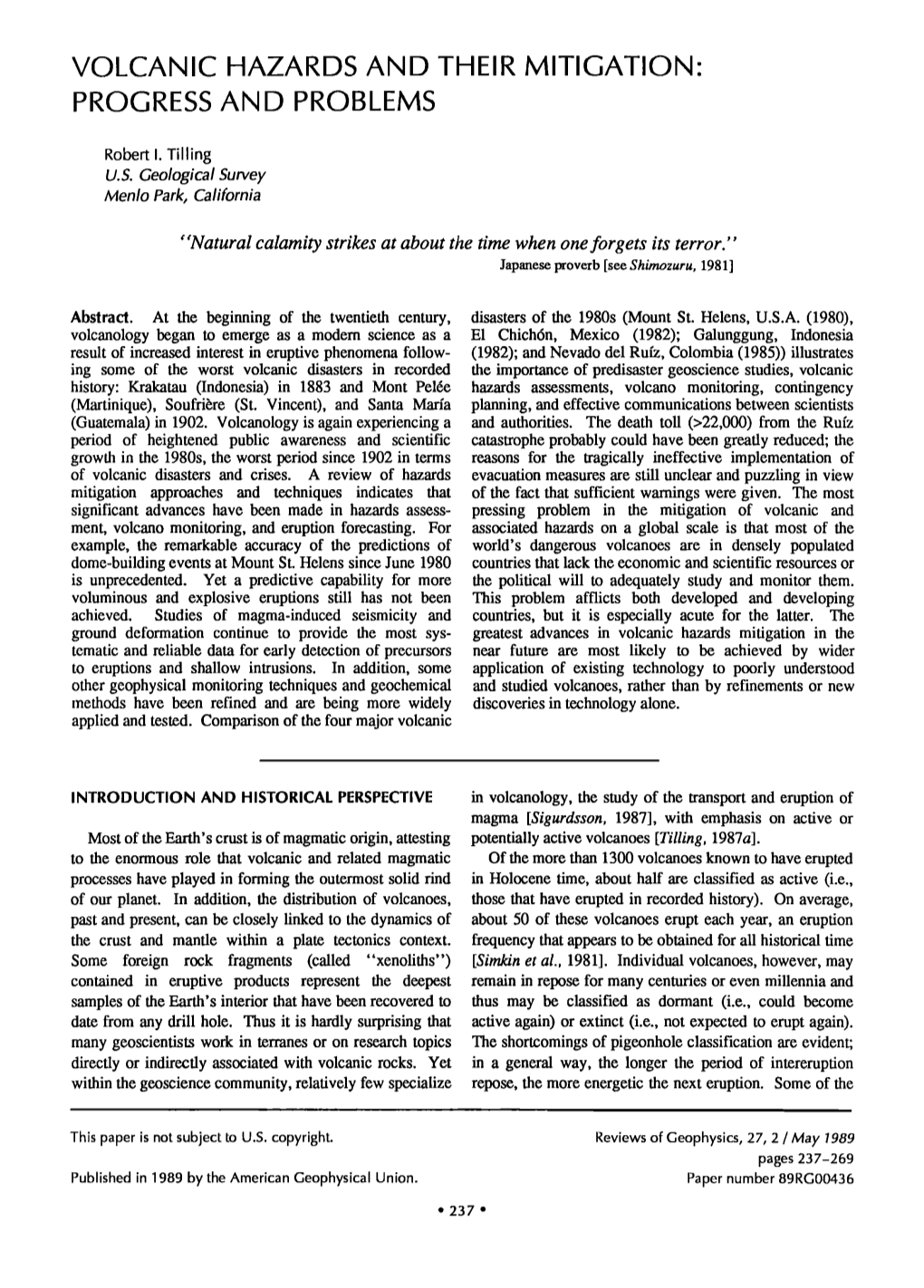 Volcanic Hazards and Their Mitigation: Progress and Problems