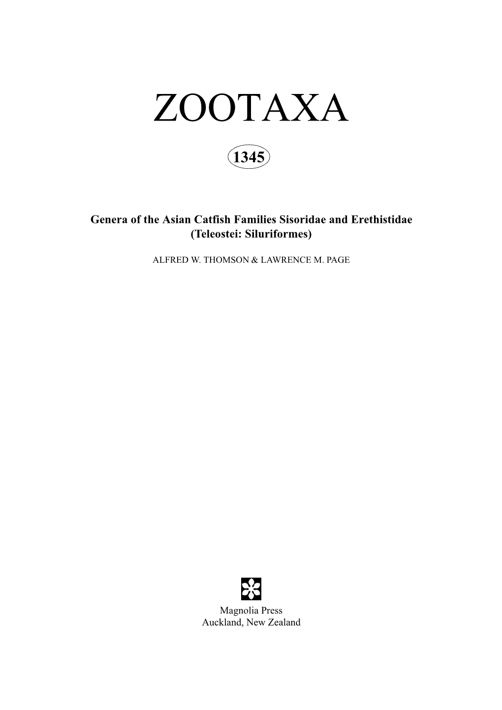 Zootaxa, Genera of the Asian Catfish Families Sisoridae and Erethistidae