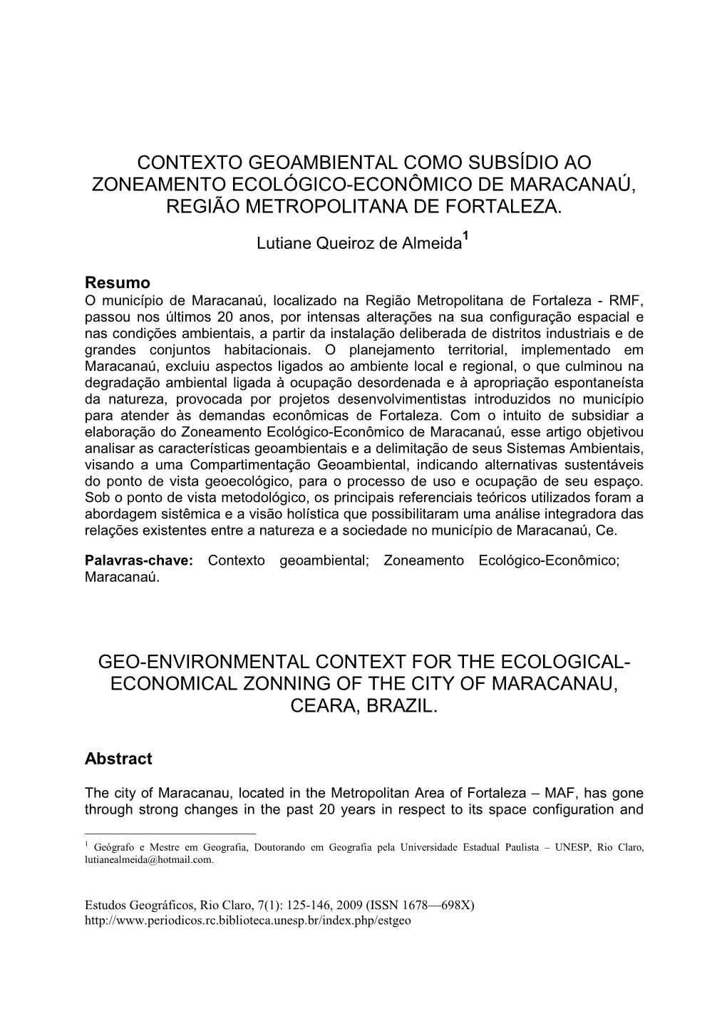 Contexto Geoambiental Como Subsídio Ao Zoneamento Ecológico-Econômico De Maracanaú, Região Metropolitana De Fortaleza