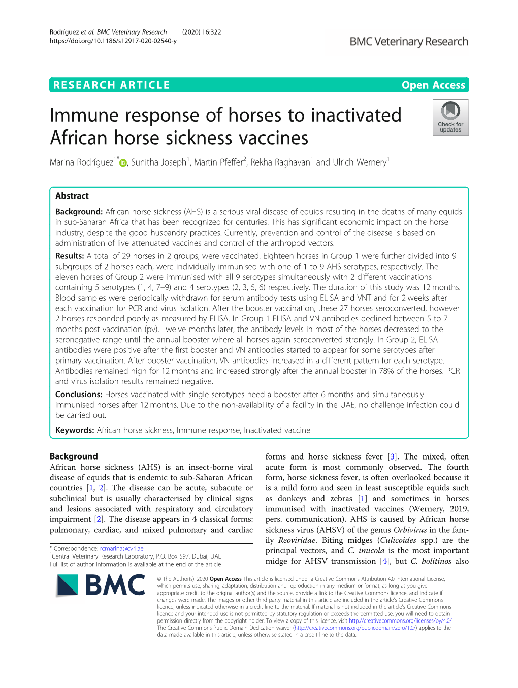 Immune Response of Horses to Inactivated African Horse Sickness Vaccines Marina Rodríguez1* , Sunitha Joseph1, Martin Pfeffer2, Rekha Raghavan1 and Ulrich Wernery1