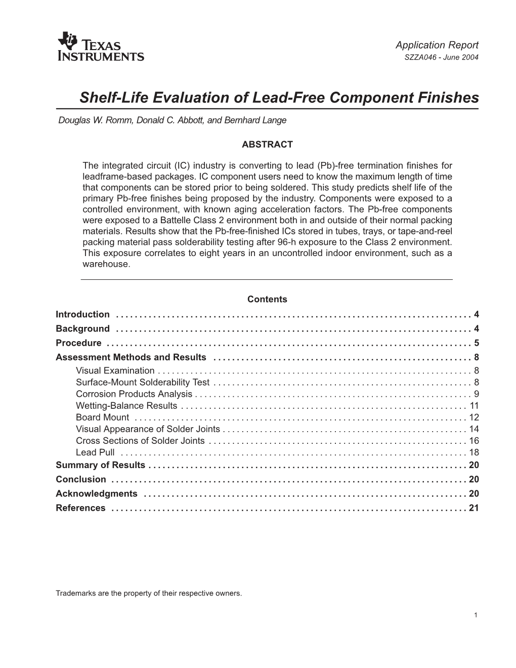 Shelf-Life Evaluation of Lead-Free Component Finishes