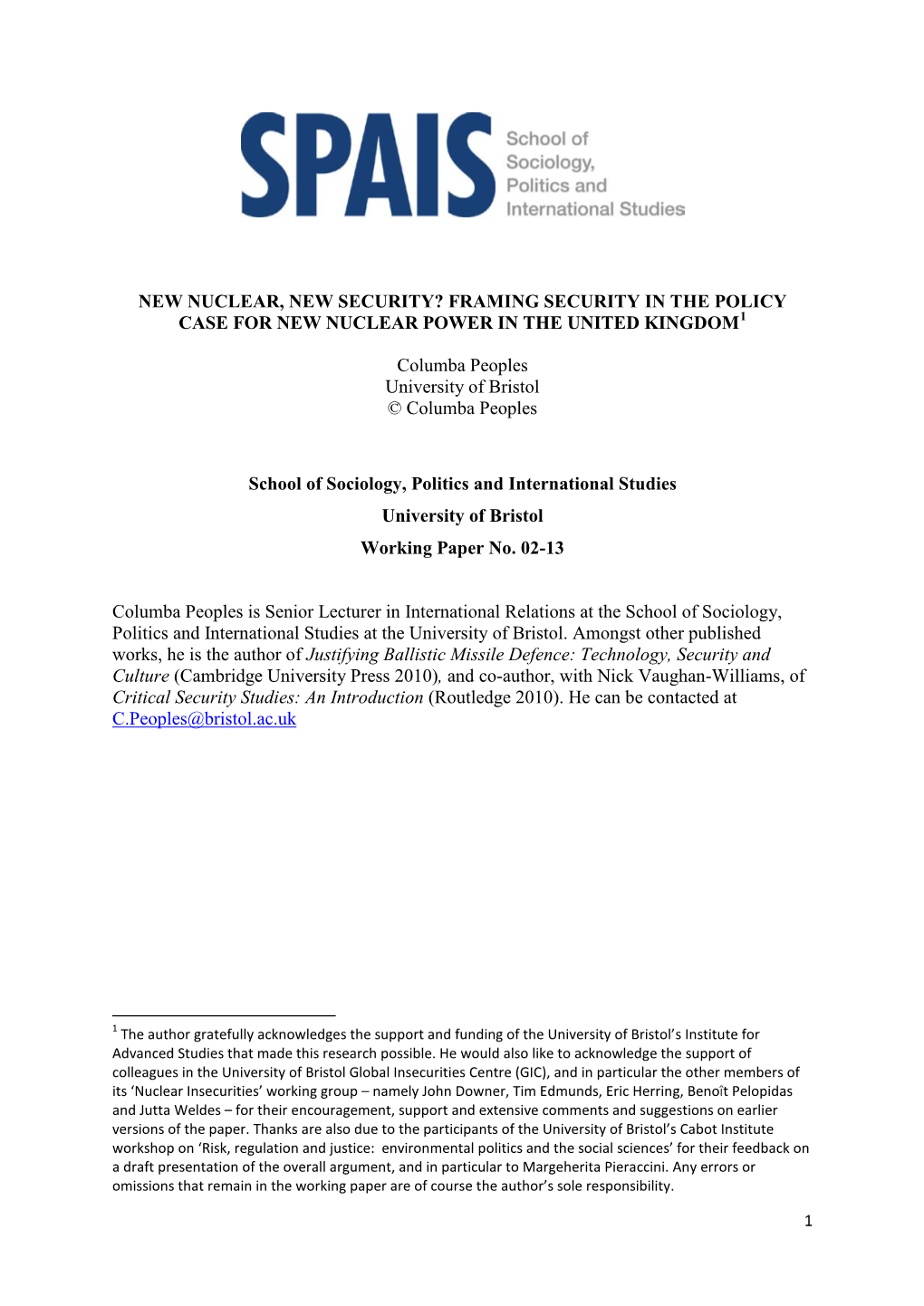 New Nuclear, New Security? Framing Security in the Policy Case for New Nuclear Power in the United Kingdom1