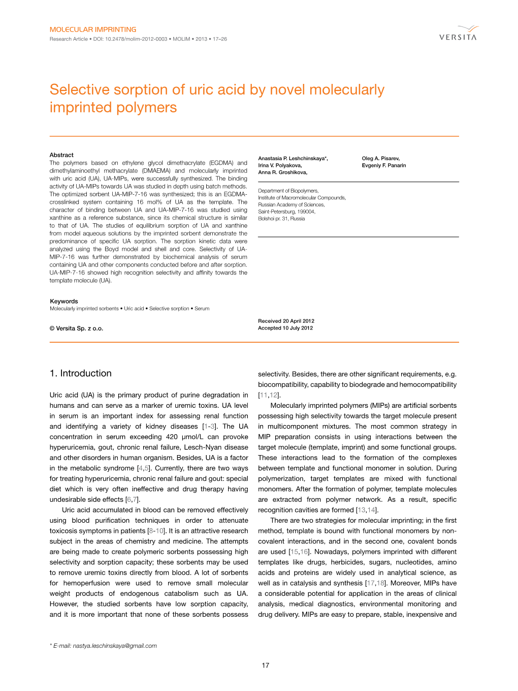 Selective Sorption of Uric Acid by Novel Molecularly Imprinted Polymers