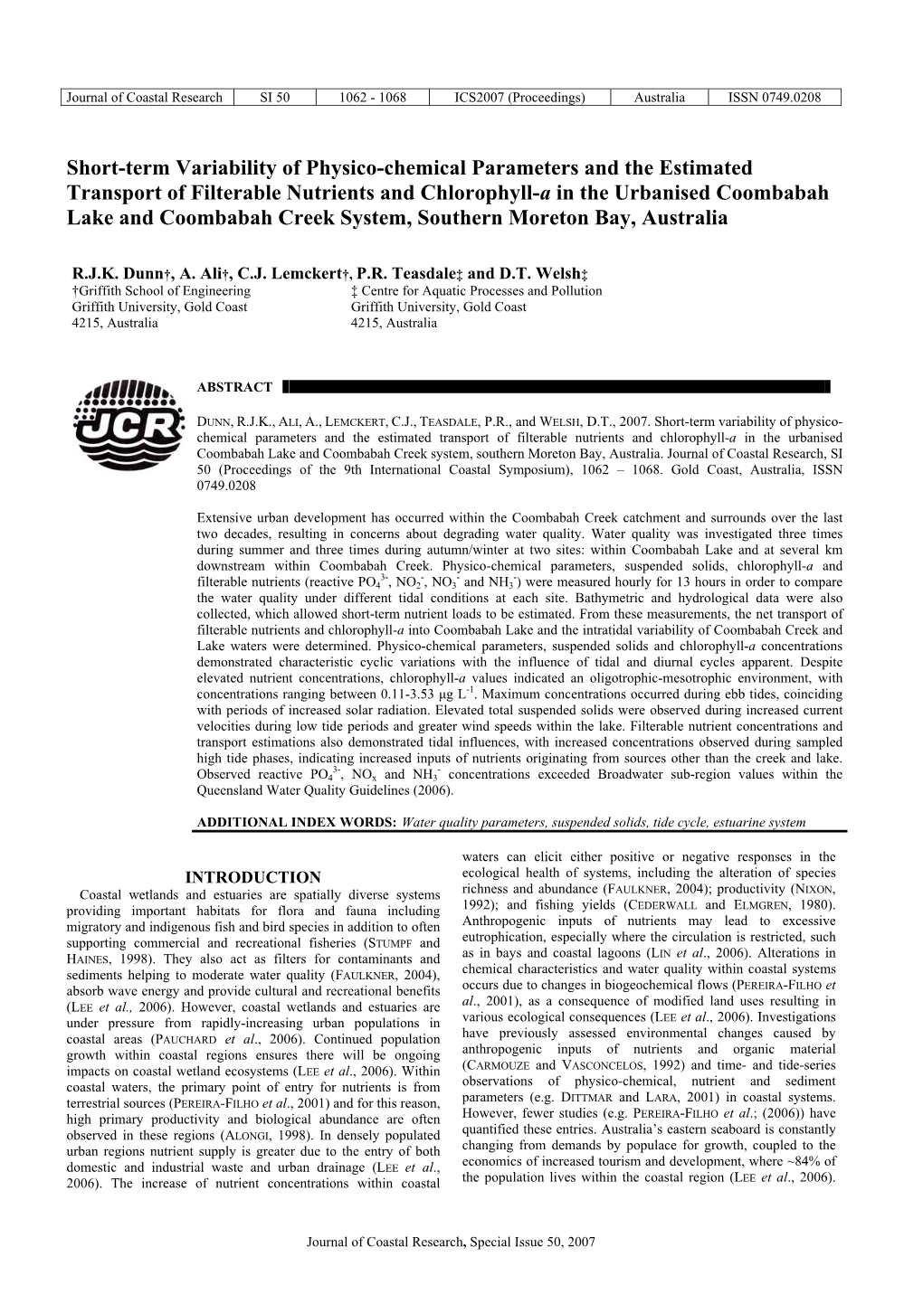 Short-Term Variability of Physico-Chemical Parameters And