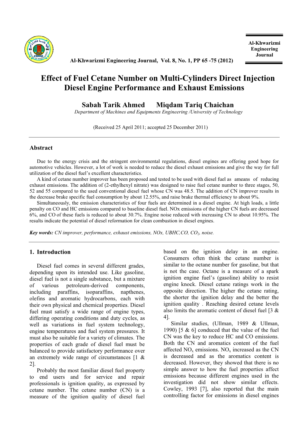 Effect of Fuel Cetane Number on Multi-Cylinders Direct Injection Diesel Engine Performance and Exhaust Emissions