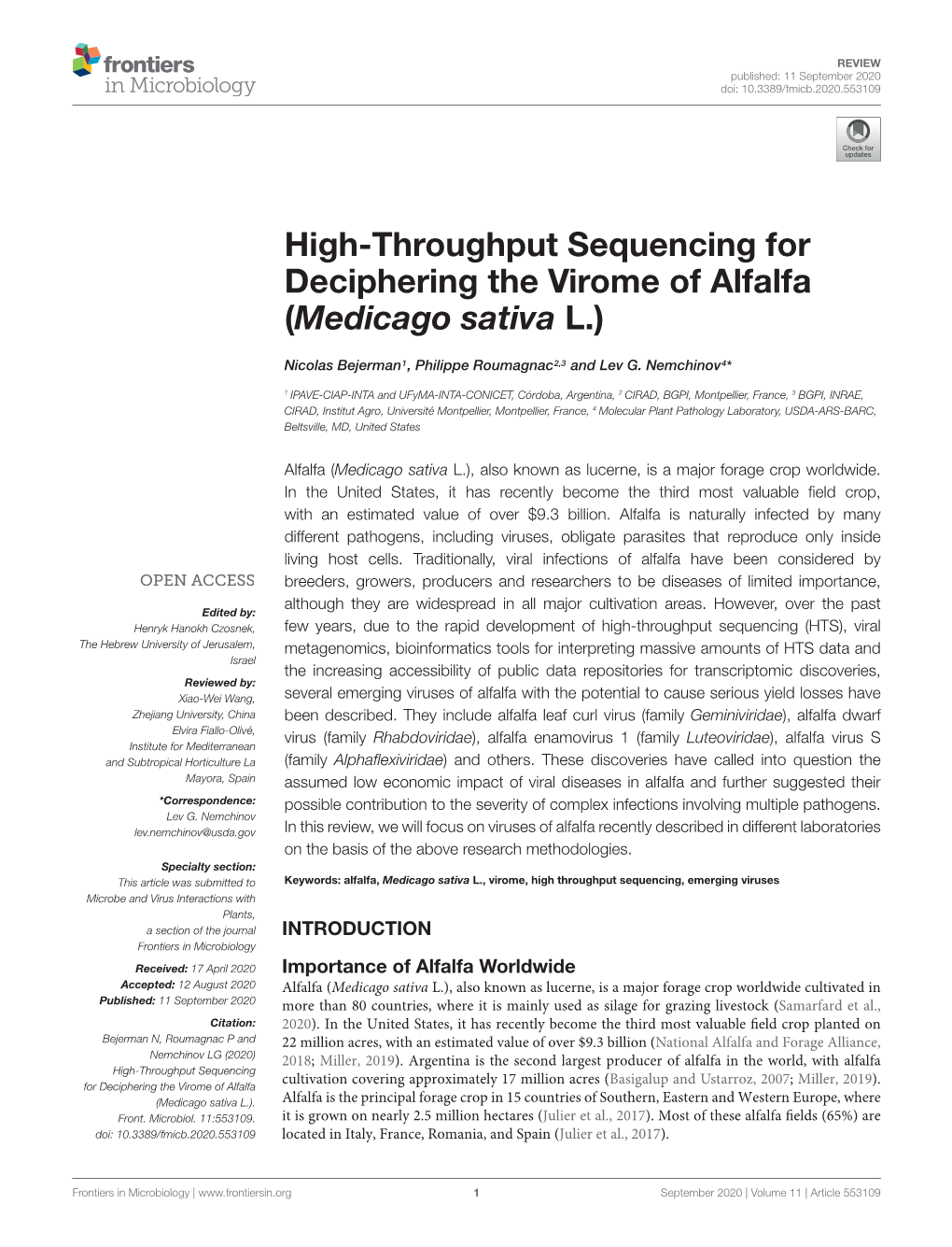 High-Throughput Sequencing for Deciphering the Virome of Alfalfa (Medicago Sativa L.)