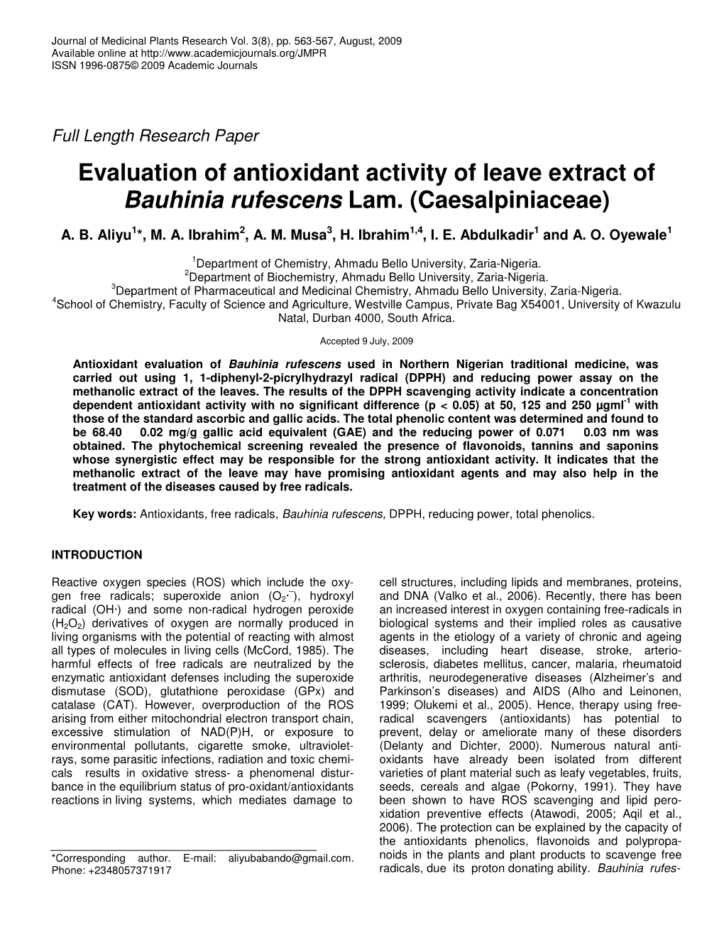 Evaluation of Antioxidant Activity of Leave Extract of Bauhinia Rufescens Lam