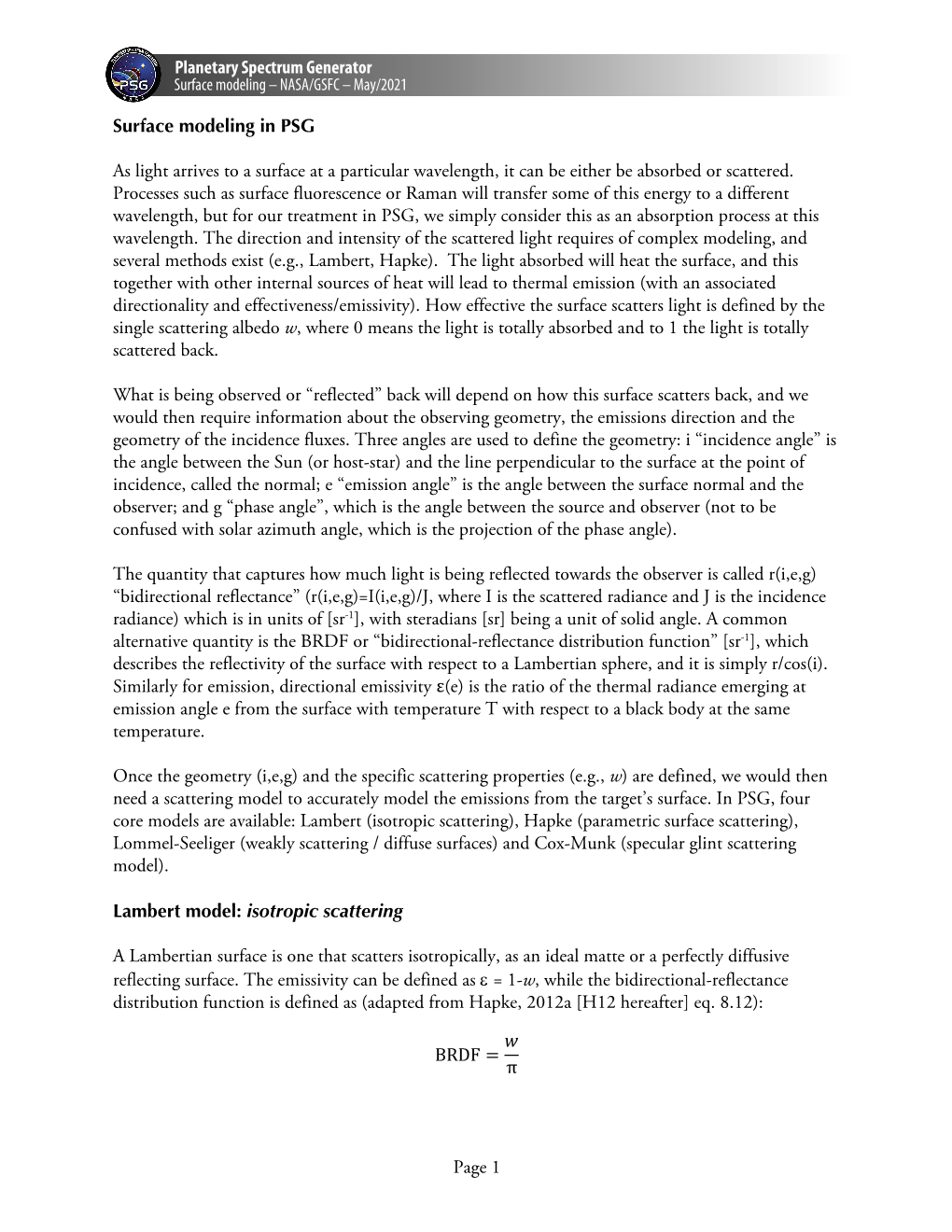 Planetary Spectrum Generator Surface Modeling in PSG As Light Arrives to a Surface at a Particular Wavelength, It Can Be