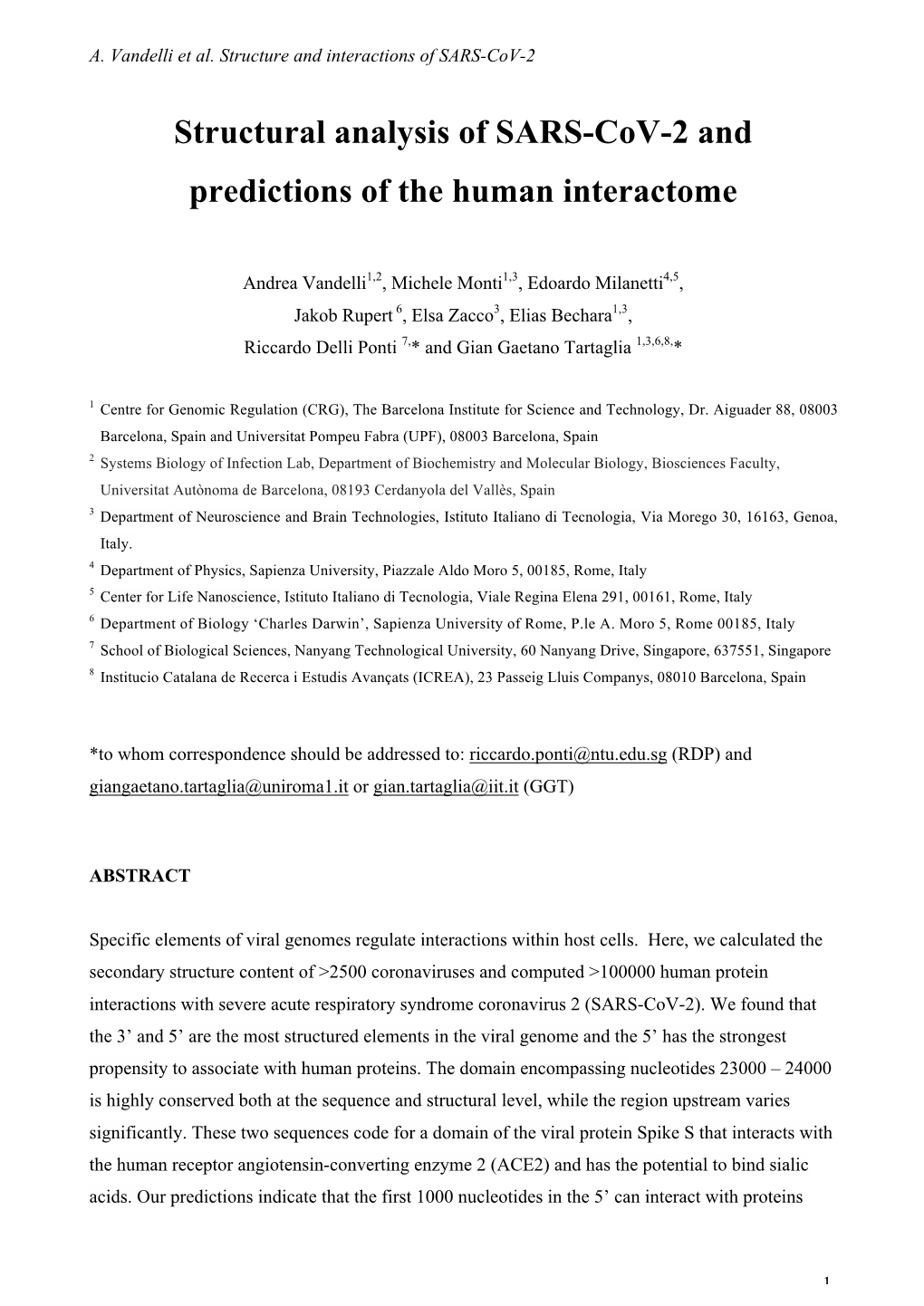 Structural Analysis of SARS-Cov-2 and Predictions of the Human Interactome