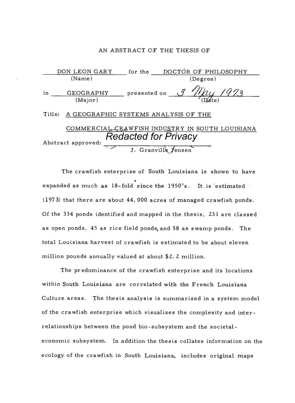 A Geographical Systems Analysis of the Commercial Crawfish Industry in South Louisiana