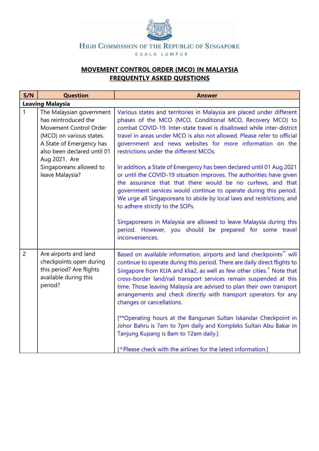 Movement Control Order (Mco) in Malaysia Frequently Asked Questions