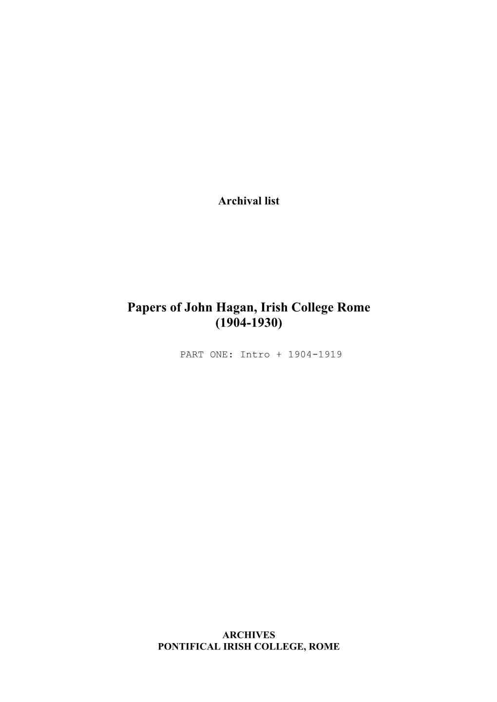 Papers of John Hagan, Irish College Rome (1904-1930)