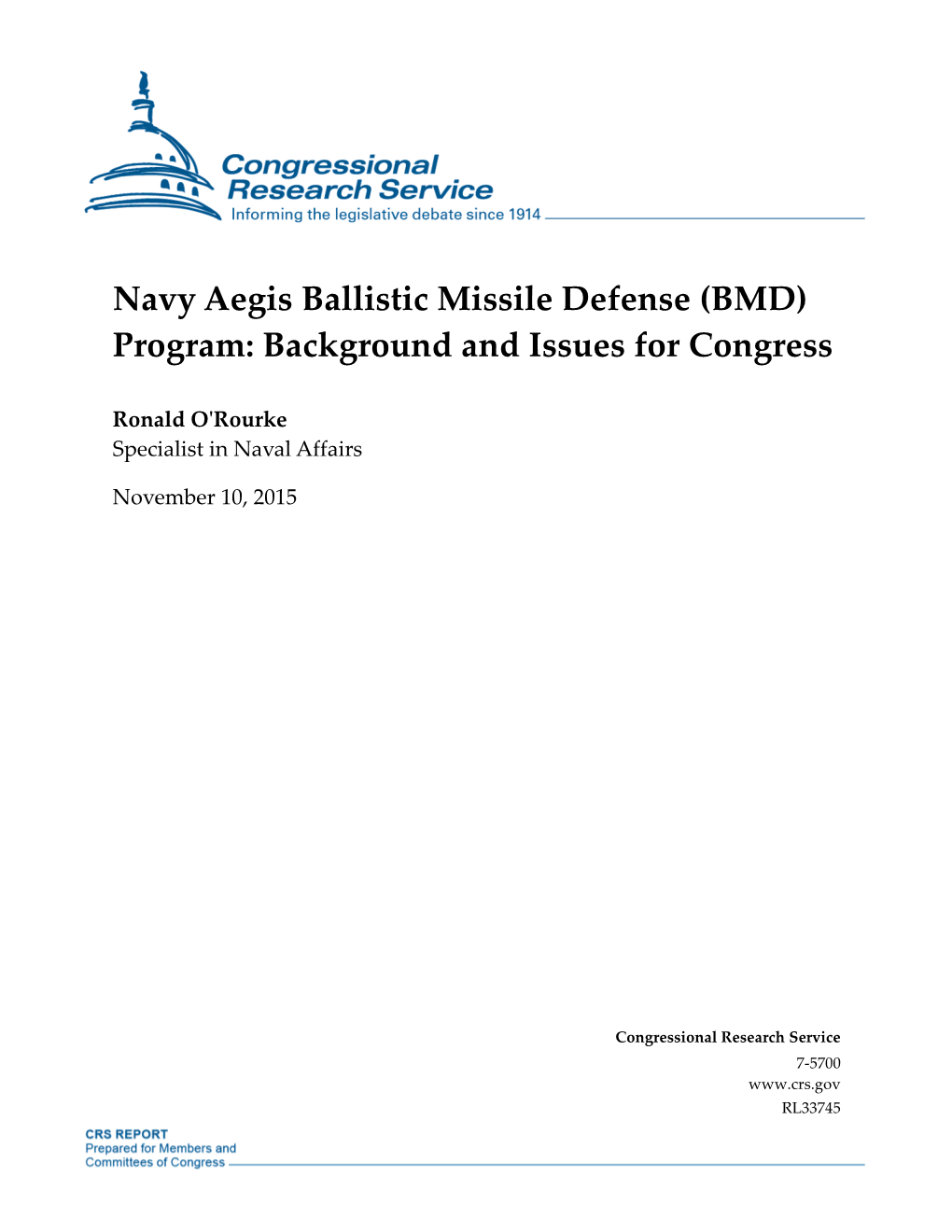 Navy Aegis Ballistic Missile Defense (BMD) Program: Background and Issues for Congress