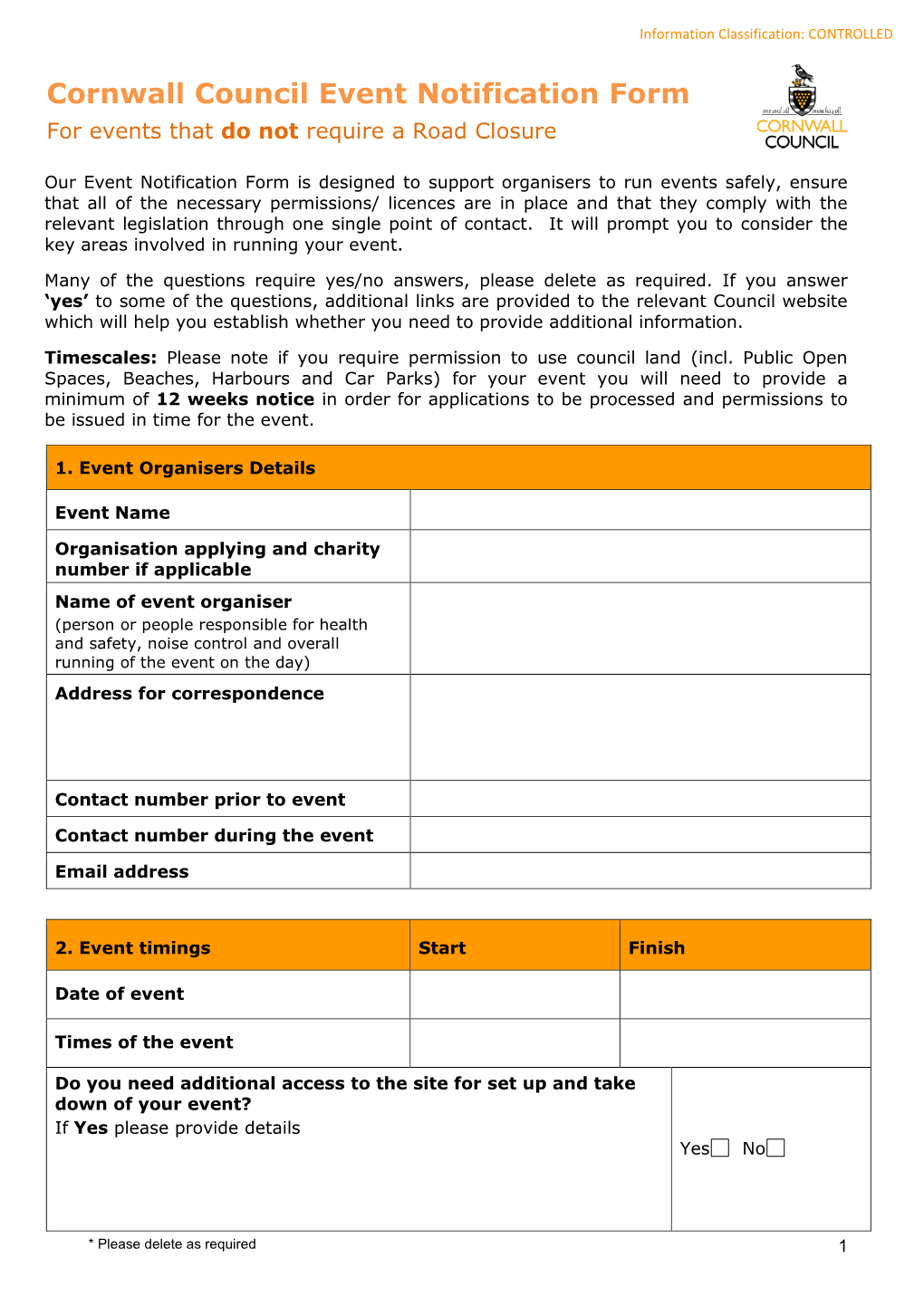 Cornwall Council Event Notification Form for Events That Do Not Require a Road Closure