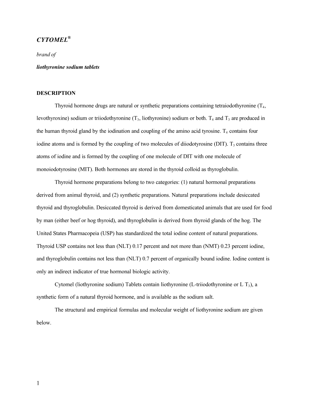 CYTOMEL® Brand of Liothyronine Sodium Tablets