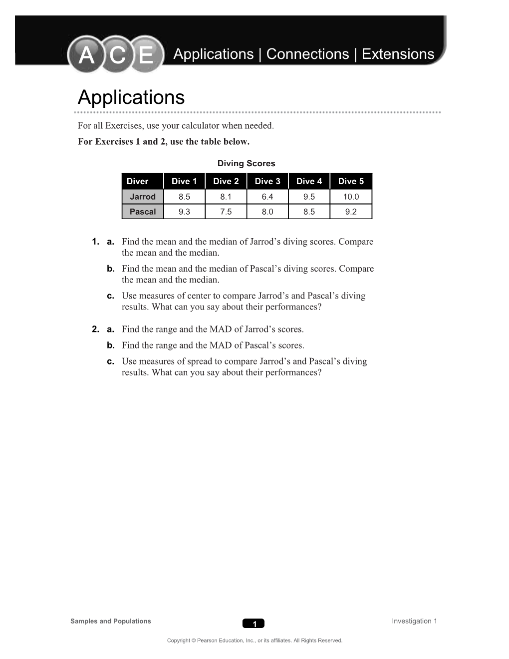 For Exercises 1 and 2, Use the Table Below