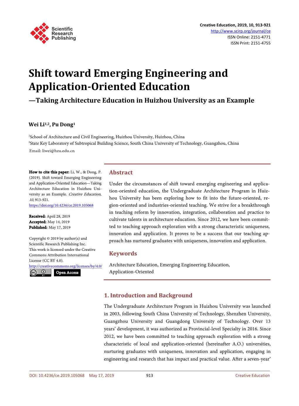 Shift Toward Emerging Engineering and Application-Oriented Education —Taking Architecture Education in Huizhou University As an Example