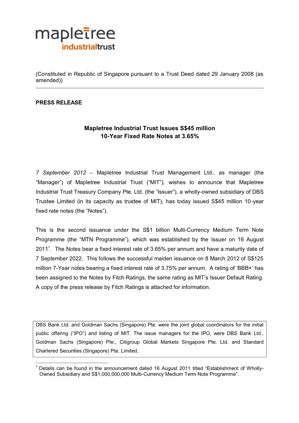 Mapletree Industrial Trust Issues S$45 Million 10-Year Fixed Rate Notes at 3.65%