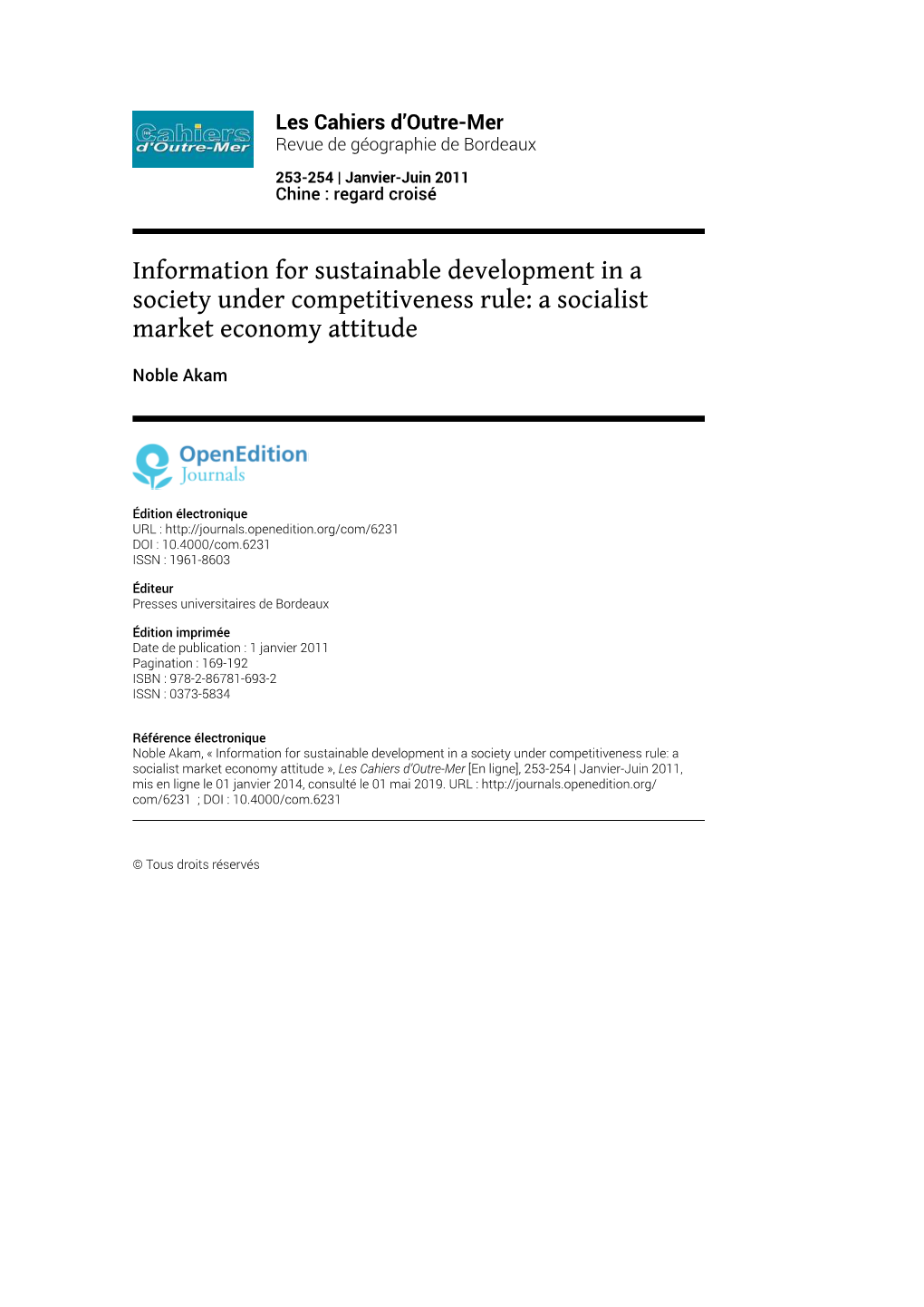 Information for Sustainable Development in a Society Under Competitiveness Rule: a Socialist Market Economy Attitude