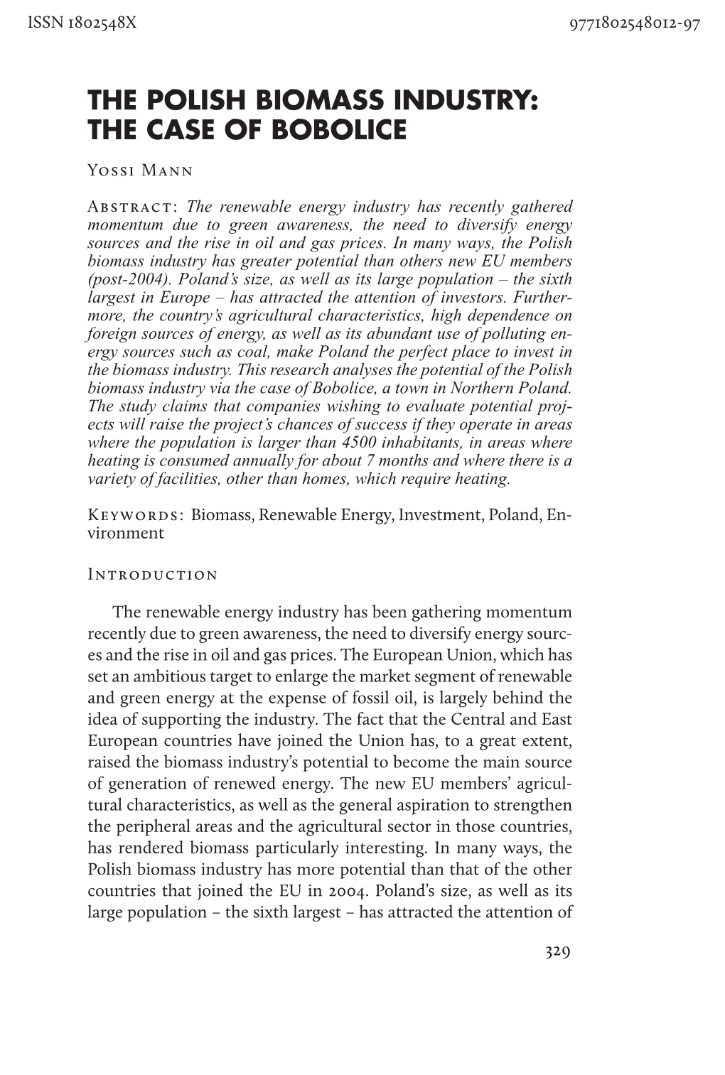 THE POLISH BIOMASS INDUSTRY: the CASE of BOBOLICE Yossi Mann