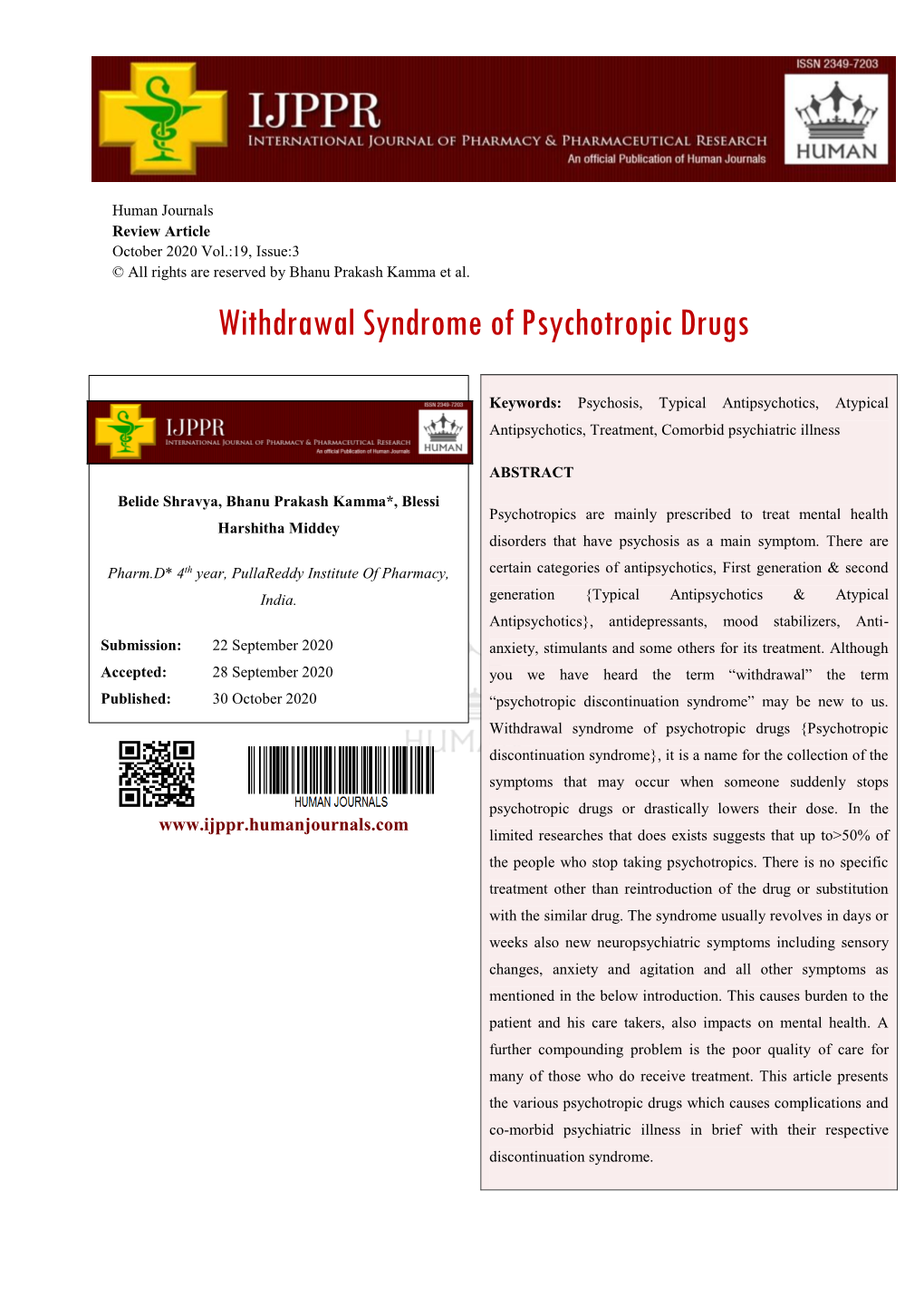 Withdrawal Syndrome of Psychotropic Drugs