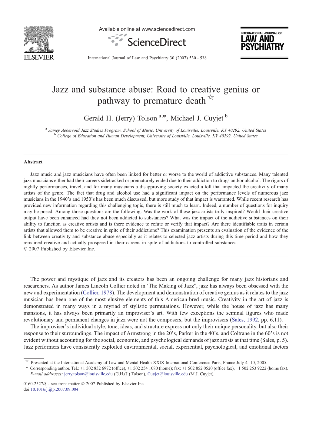 Jazz and Substance Abuse: Road to Creative Genius Or Pathway to Premature Death ☆ ⁎ Gerald H