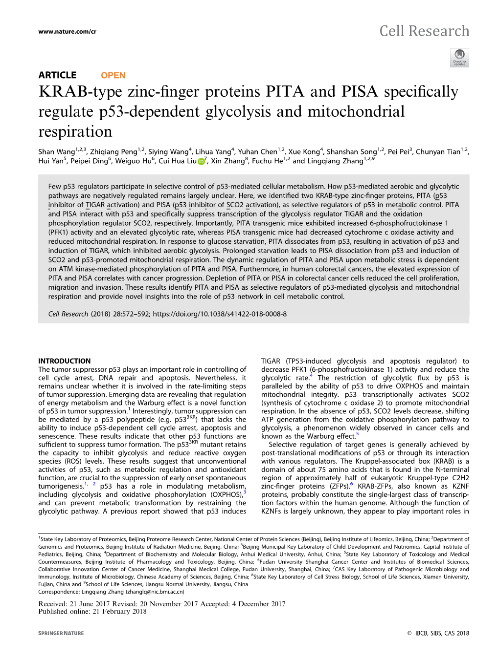 KRAB-Type Zinc-Finger Proteins PITA and PISA Specifically Regulate P53-Dependent Glycolysis and Mitochondrial Respiration